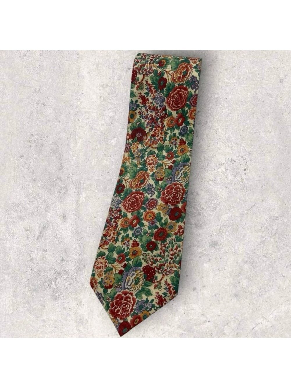 LIBERTY Cotton Tie ENGLAND Beige Green Orange Floral W:3.8" EUC